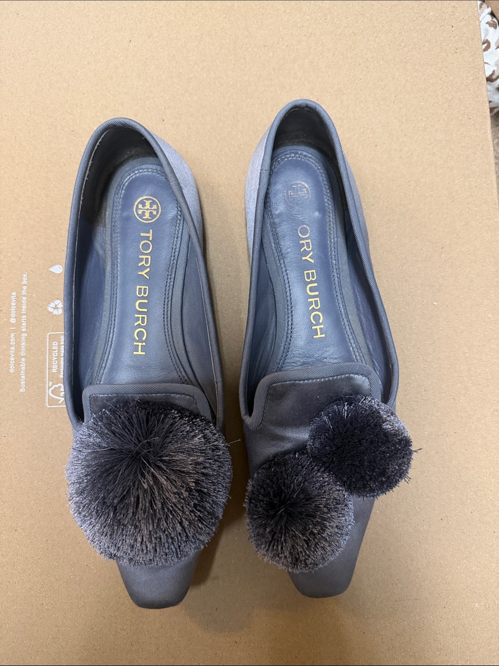 Tory Burch Gray Pom-Pom Leather Ballet Flats